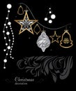 Golden and silver Christmas decoration on black background Royalty Free Stock Photo