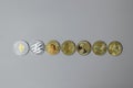 Golden and silver Cryptocurrency, Bitcoin, Ethereum, Litecoin, Dash, Monero, Zcach and Ripple coins. Crypto is Digital Money Royalty Free Stock Photo