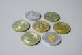 Golden and silver Cryptocurrency, Bitcoin, Ethereum, Litecoin, Dash, Monero, Zcach and Ripple coins. Crypto is Digital Money Royalty Free Stock Photo