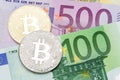 Golden and silver cryptocurrency bitcoin euro background.