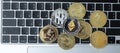 Golden and silver Cryptocurrency on keyboard laptop, Bitcoin , Ethereum, Litecoin, Dash, Monero, Zcach and Ripple coins. Crypto is Royalty Free Stock Photo
