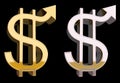 Golden and silver dollar signs with up arrow. The appreciation of the dollar Royalty Free Stock Photo