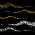 Golden and silver dots on a black background, wavy lines with golden and silver dust Royalty Free Stock Photo