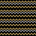 Golden and silver glittering zigzag seamless pattern on black background. Repeatable geometric design. Can be used for fabric,