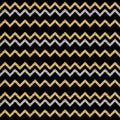 Golden and silver glittering zigzag seamless pattern on black background. Repeatable geometric design. Can be used for fabric,