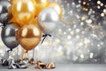 Golden and silver gray metallic glitter balloons and confetti on glistering background. Birthday, holiday or party background. Royalty Free Stock Photo