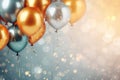 Golden, silver gray and teal glitter balloons and confetti on glistering background. Birthday, holiday or party background. Empty