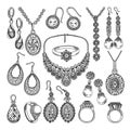 Golden and silver jewelry. Different diamonds and crystals. Hand drawing illustrations