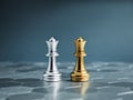 Golden and silver queen luxury chess pieces standing together on a silver hexagon pattern chessboard. Royalty Free Stock Photo