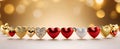 Golden, silver and red hearts chain with crystals. Beautiful jewelry precious necklace.Valentine\'s Day gift,Love concept. Royalty Free Stock Photo