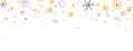 Golden and silver snowflakes frame with different ornament. Snowflake and star falling on white background. Luxury Royalty Free Stock Photo