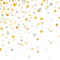 Golden and silver stars falling on white background. Glitter elegant design elements. Gold shooting stars. Magic