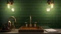 A golden sink with a tall golden faucet in a classic luxury bathroom, green tile walls, old-fashioned sconces, a towel Royalty Free Stock Photo