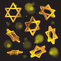 Golden six-pointed Jewish star of David 3D on black background. Vector image. Design element