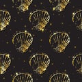Golden sketch seashell decor seamless pattern.