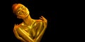 Golden skin woman portrait. model girl with holiday golden shiny professional makeup. Golden metallic body