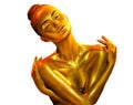 Golden skin woman portrait closeup. model girl with holiday golden shiny professional makeup. Golden metallic body
