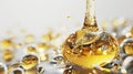 Golden Skincare Oil Drops with Air Bubbles on White Background