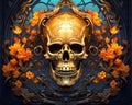 a golden skull surrounded by flowers on a dark background Royalty Free Stock Photo