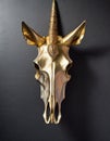 Golden skull of a unicorn hanging on a black wall Royalty Free Stock Photo