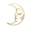 Golden sleeping crescent with a beautiful face, linear icon. Vintage boho witch tattoo, sticker. Vector illustration