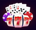 Golden slot machine, dices, poker cards wins the jackpot. 777 Big win concept. Casino jackpot. Royalty Free Stock Photo