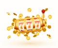 Golden slot machine with flying golden coins wins the jackpot. Big win concept.