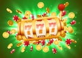 Golden slot machine with flying golden coins wins the jackpot. Big win concept. Royalty Free Stock Photo