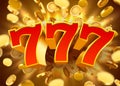 Golden slot machine 777 with flying golden coins wins the jackpot. Big win concept. Royalty Free Stock Photo