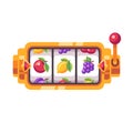 Golden slot machine with fruit symbols. Casino flat illustration