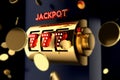 Golden slot machine with Gold Coins 777 Big win concept. Casino jackpot. 3D illustration