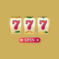 Golden slot machine realistic render. Big win on jackpot casino win. 777 on slot machine wheels and spin button. Vector Royalty Free Stock Photo