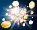 Golden slot machine and wheel of fortune wins the jackpot on the background of the explosion of coins. Vector Royalty Free Stock Photo
