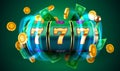 Golden slot machine wins the jackpot. 777 Big win concept. Casino jackpot Royalty Free Stock Photo