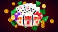 Golden slot machine wins the jackpot. 777 Big win concept. Casino jackpot Royalty Free Stock Photo