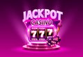 Golden slot machine wins the jackpot. Isolated on purple background Royalty Free Stock Photo