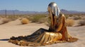 Golden Slumped Metal Statue Reflecting Feminine Sensibilities In Desert