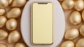 Golden smartphone mockup surrounded by luxury golden Easter eggs on marble background Royalty Free Stock Photo