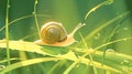 A Tiny Snail Glides Slowly Along a Dew-Kissed Leaf in a Sunny Green Meadow Royalty Free Stock Photo