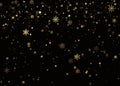 Golden snowfall. Holiday decoration background. New Year and Christmas pattern with golden snowflakes on black background. Vector