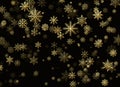 Golden snowfall. New Year and Christmas pattern with golden snowflakes on black background. Vector illustration