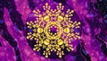 Golden snowflake on abstract grunge purple pink black background. Neon light glitch backdrop. Digital Cover design. NFT Card.