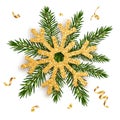 Golden snowflake on the branches of a fir tree with gold ribbons. Concept for greeting New Year and Christmas cards, banners,