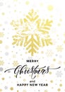 Golden snowflake glitter Merry Christmas New Year greeting card