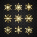 Golden Snowflake Set. New Year and Christmas decoration element. Shiny gold luxury flake collection. Vector illustration Royalty Free Stock Photo