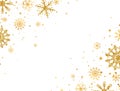 Golden snowflakes border with different ornaments. Gold falling snowflakes on white background. Luxury glitzy Christmas