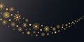 Golden snowflakes border in wave shape. Glitter gold snowflakes and snow with stars on dark background. Merry Christmas Royalty Free Stock Photo