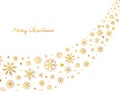Golden snowflakes border in wave shape. Glitter gold snowflakes and snow with stars on white background. Merry Christmas Royalty Free Stock Photo