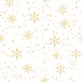 Golden snowflakes and dots on white background. Noble winter christmas seamless repeat pattern. Metallic effect. Perfect for print