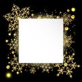Golden snowflakes frame on black background. Place for text. White sheet of paper. Paper banner with golden Christmas snow. Royalty Free Stock Photo